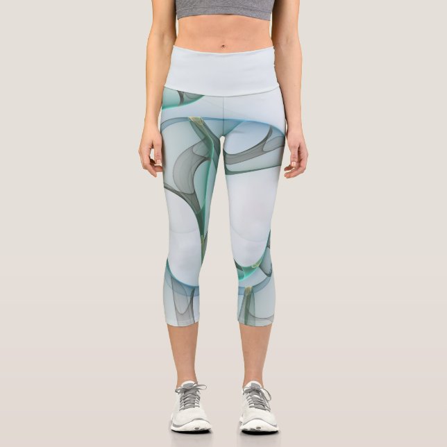 Leggings Capri Art Abstrait moderne Fractal Bleu Turquoise Gris (Recto)