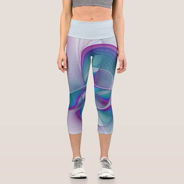 Leggings Capri Art Fractal Abstrait rose bleu turquoise (Recto)