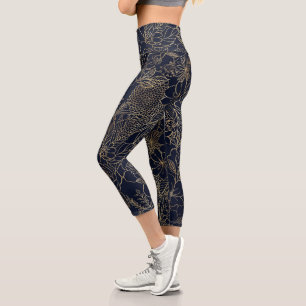 Leggings Capri Art moderne Gold Blue Floral Doodles