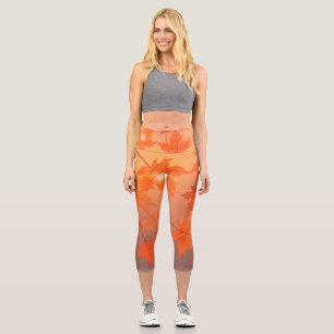 Leggings Capri Autumn design with maple leaves and bokeh effect  