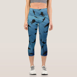 Leggings Capri Baleine de requin-requin noir sur bleu turquoise O