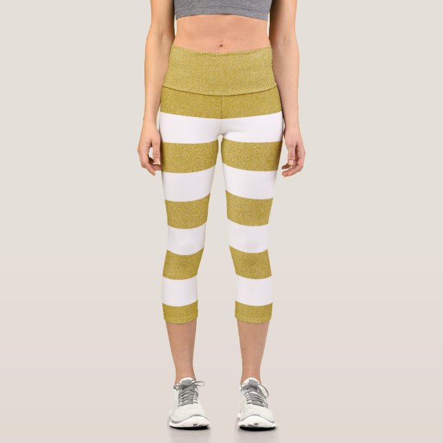 Leggings Capri Bandes d'or, Blancs, Motif rayé (Recto)