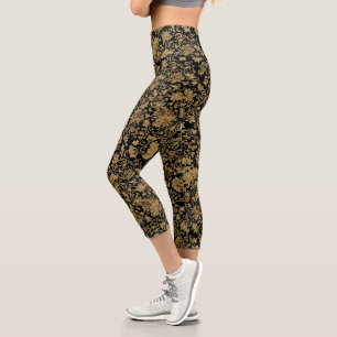 Leggings Capri Baroque Floral Doré Tout sur Fond Noir