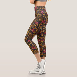 Leggings Capri Baroque Floral Foncé avec Rinceaux Dorés