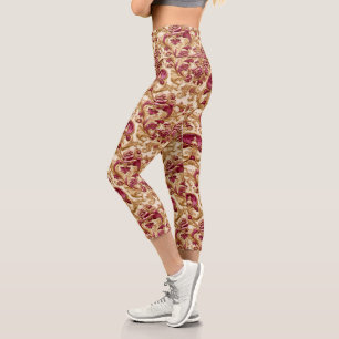 Leggings Capri Baroque Floral Luxueux Or et Bourgogne