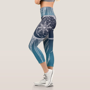 Leggings Capri Blanc Sun Moon Mandala Blue Gradient Design