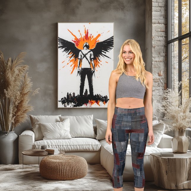 Leggings Capri Bleu & Burgundy Denim Patchwork Texte et logo pers (Créateur téléchargé)