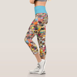 Leggings Capri Bleu clair rose jaune orange violet mosaïque