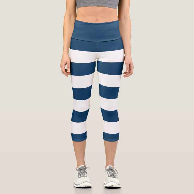 Leggings Capri Bleu de marine, Blancs, Motif rayé (Recto)