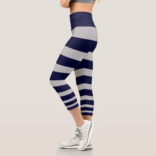Leggings Capri bleu marine moderne et gris clair rayé (Gauche)