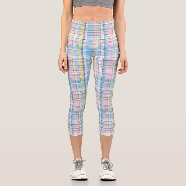 Leggings Capri Bleu rose jaune blanc Preppy Madras Plaid (Recto)