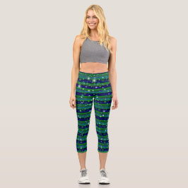 Leggings Capri Bleu vert rayures avec étoiles et Raindrops