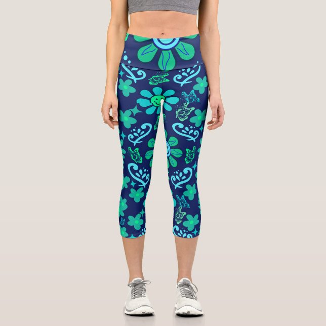 Leggings Capri Blue Retro Style Floral and Sun Symbol Pattern (Recto)