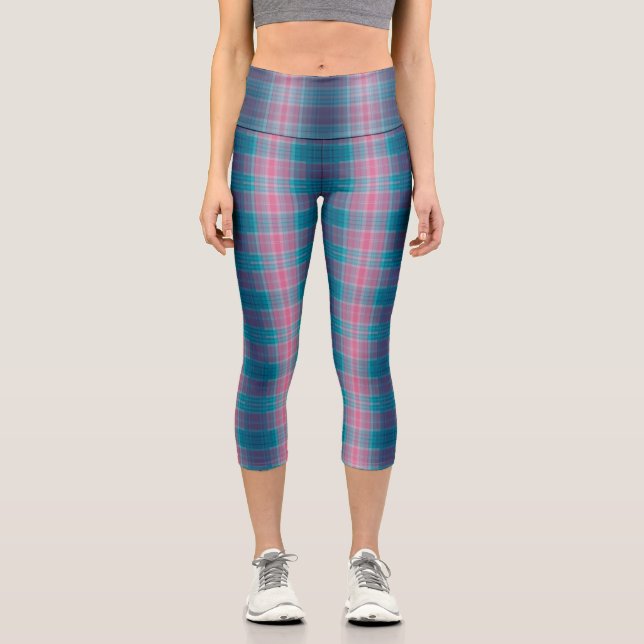 Leggings Capri Blue Teal Pink Tartan Pattern (Recto)
