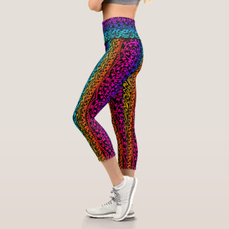 Leggings Capri Boho Mandala Fleur arc-en-ciel et feuille