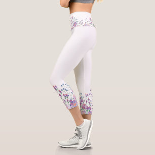 Leggings Capri Bordure de fleurs d'aquarelle en blanc