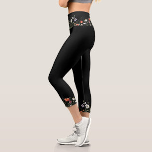 Leggings Capri Bordure de fleurs d'aquarelle en noir
