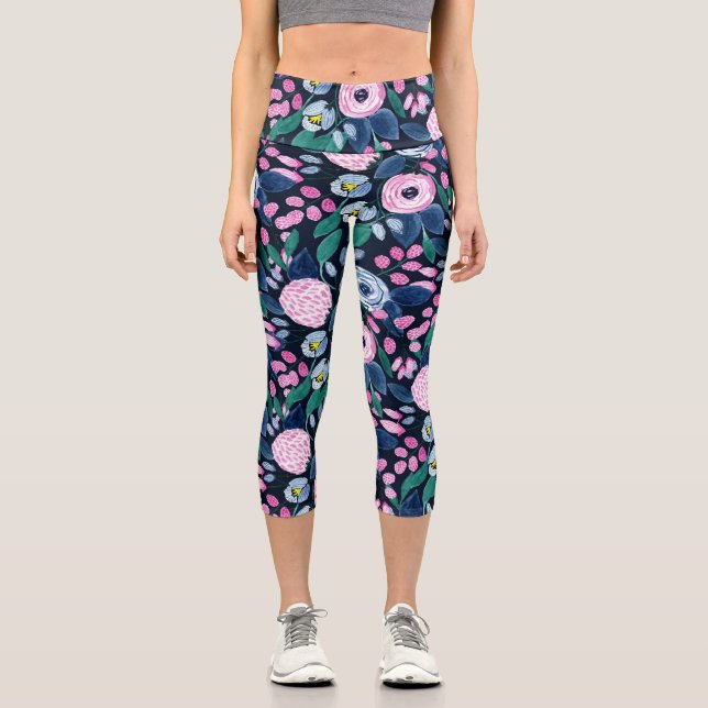 Leggings Capri Bouquet d'aquarelle bleu marine rose (Recto)