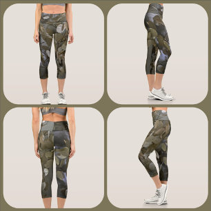 Leggings Capri Camouflage Vert et Gris Féminin