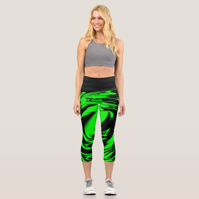 Leggings Capri Capris noir et néon vert citron haute taille (Recto)