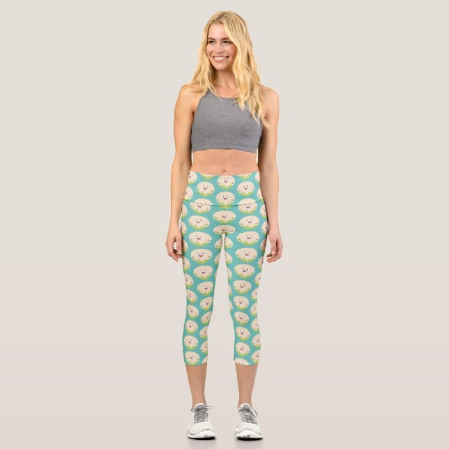 Leggings Capri Caricature de légume de chou-fleur joyeux (Recto)