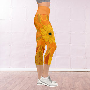 Leggings Capri Carton Mandala Fleur orange jaune et rouge