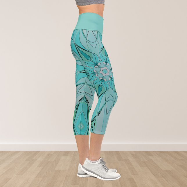 Leggings Capri Carton Mandala Flower bleu et vert (Créateur téléchargé)