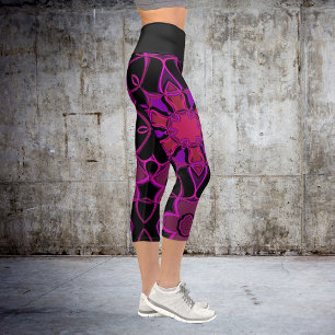Leggings Capri Carton Mandala Flower rose et noir