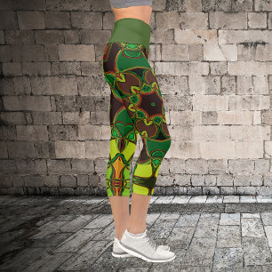 Leggings Capri Carton Mandala Flower vert Jaune et orange
