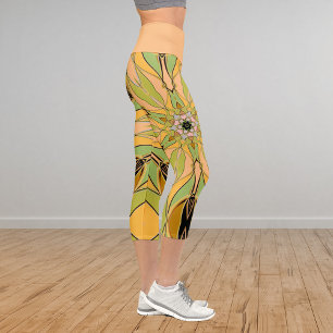 Leggings Capri Carton Mandala Flower vert Jaune et orange