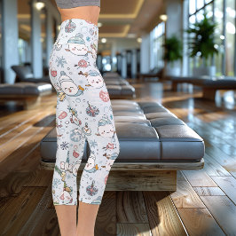 Leggings Capri Charmantes personnages de Noël Kawaii en bleu clai
