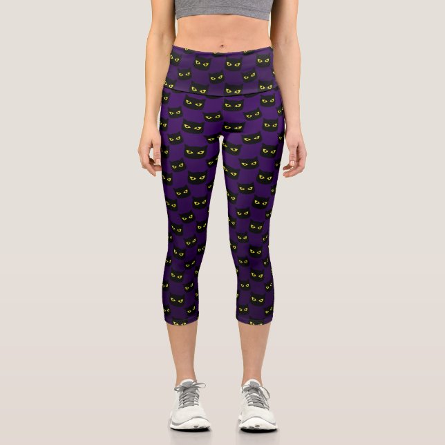 Leggings Capri Chat noir et violet motif Halloween (Recto)
