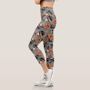 Leggings Capri Chats d'Halloween vintages et Motifs Citrouille