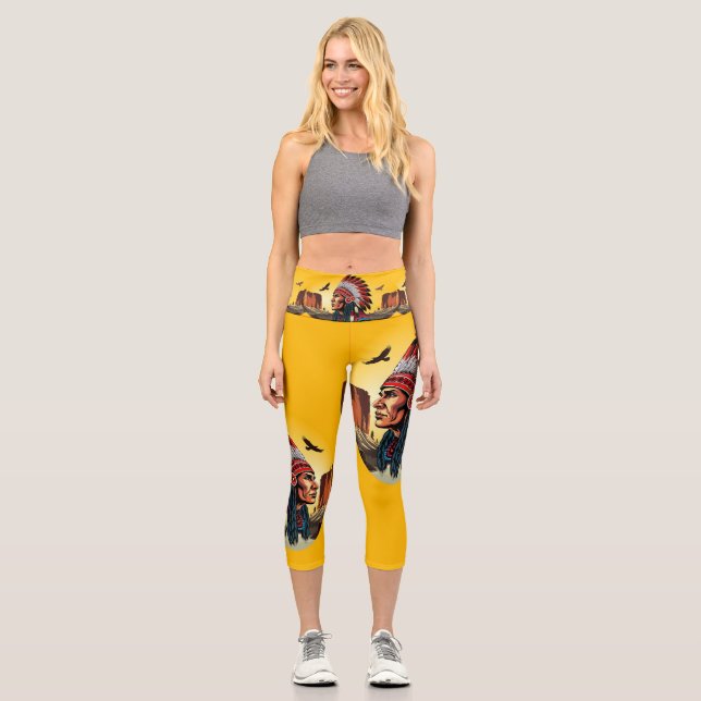 Leggings Capri Chef amérindien sur paysage sauvage coucher de sol (Recto)