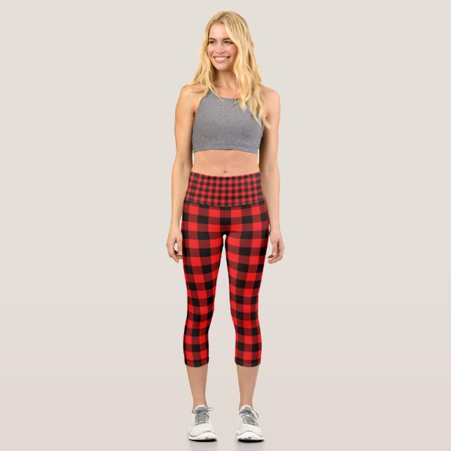 Leggings Capri Chèques de Noël Red Black Buffalo pilés (Recto)