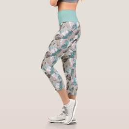 Leggings Capri Chic Turquoise bleu vert Taupe Brown Feuille Motif