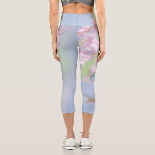 Leggings Capri Ciel bleu Vert Plante Feuilles Fleurs violettes