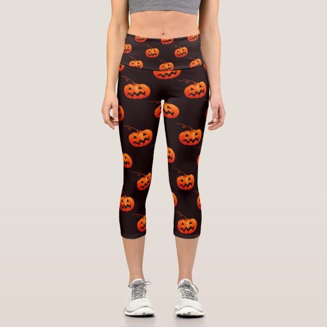 Leggings Capri Citrouille D'Halloween, Citrouille Orange Trou Ou  (Recto)