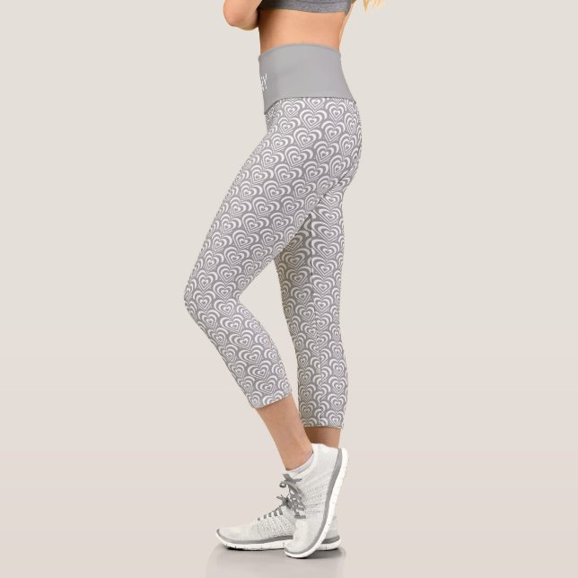 Leggings Capri Coeurs concentrés Abstraits gris argenté et blanc (Gauche)