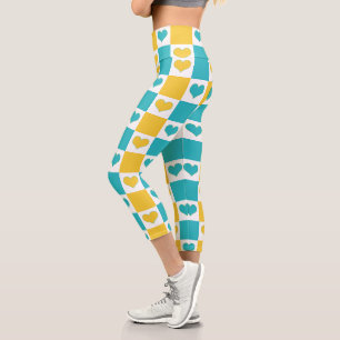 Leggings Capri Coeurs en damier en Turquoise et Jaune