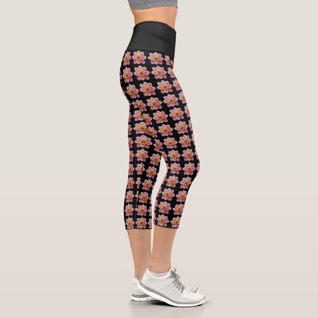 Leggings Capri Collarette rose Dahlia motifs floraux sur noir (Droite)