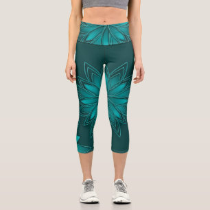 Leggings Capri Conception de mandala à feuilles sarcelles sur fon