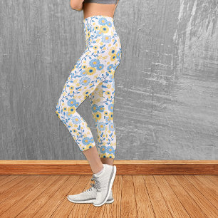Leggings Capri Corne Bleu Jaune Motif Floral