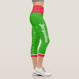 Leggings Capri Couleurs de Noël avec votre nom en blanc - VERT
