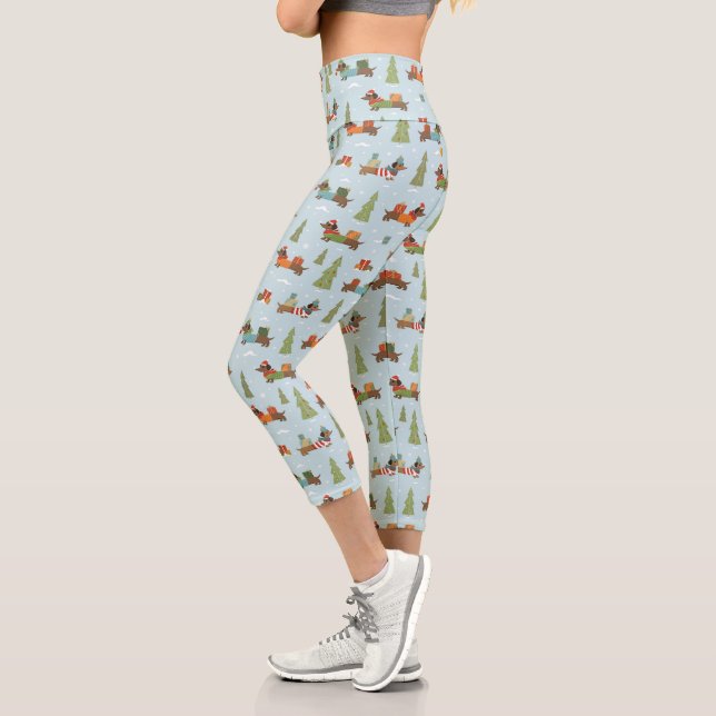 Leggings Capri Dachshunds festifs dans le Motif de neige (Gauche)