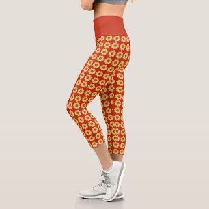 Leggings Capri Dahlia jaune motif floral sur rouge