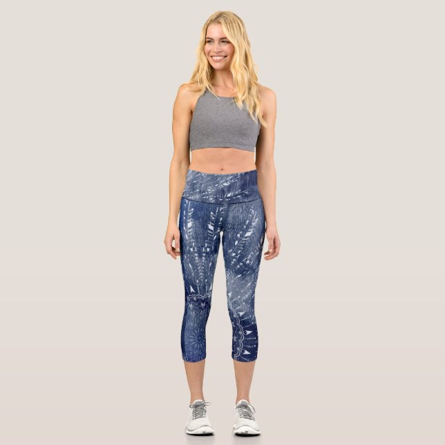 Leggings Capri Denim Blue & White Mandala Mix Design (Recto)