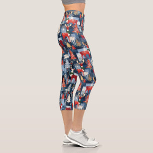 Leggings Capri Denim Patchwork Plaid Arbres de Noël et rennes
