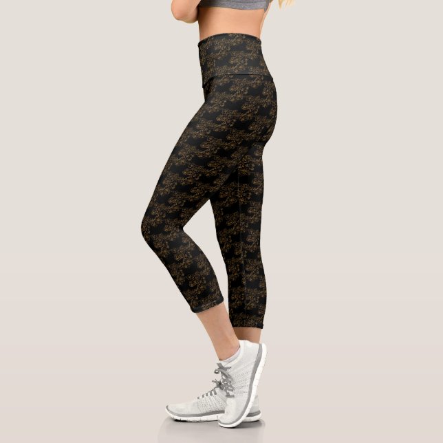 Leggings Capri Design Floral Or Sur Noir (Gauche)