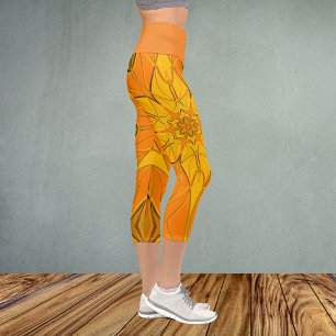Leggings Capri Dessin Mandala Fleur Jaune